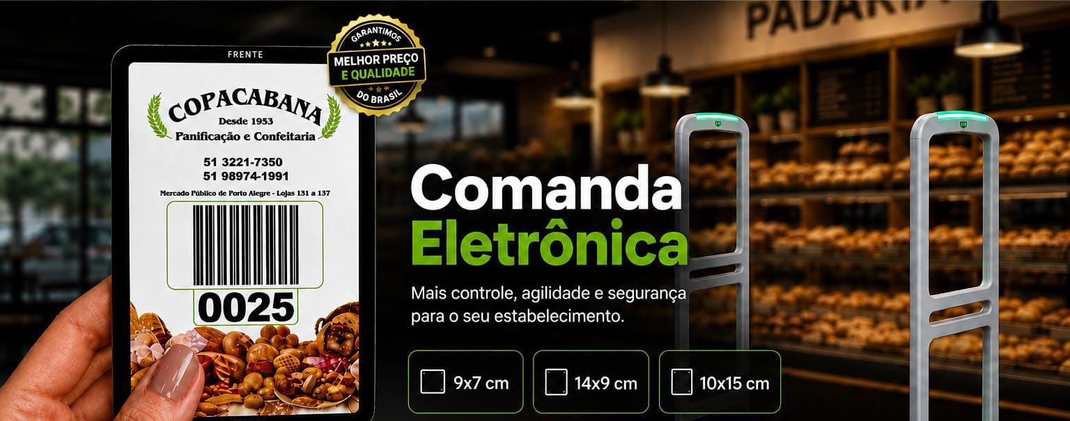 Comanda eletrônica Perfect Card nos tamanhos 9x7 cm, 14x9 cm e 10x15 cm, com selo de melhor preço e qualidade do Brasil